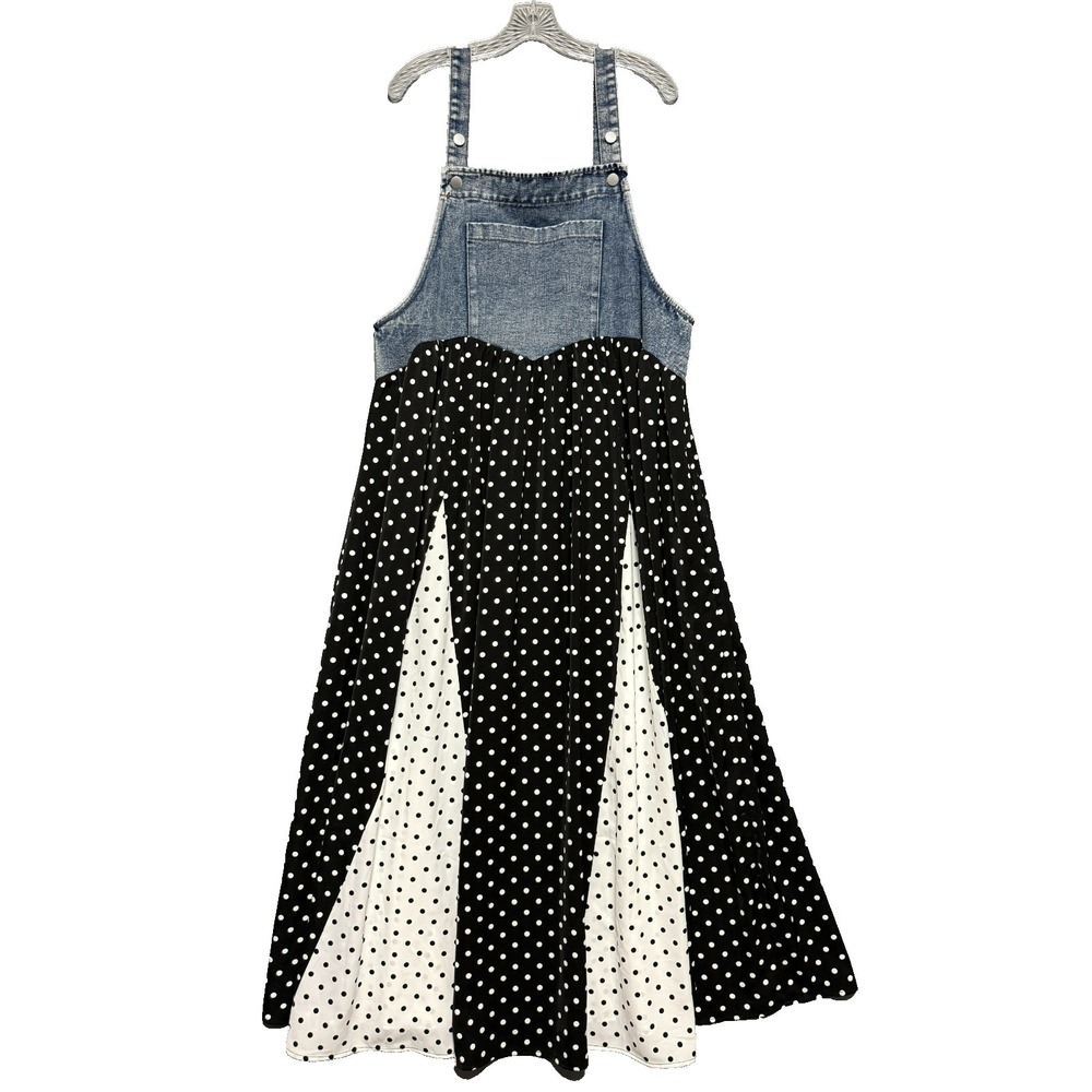 Oddi Denim Polka Dot Overall Maxi Dress Sz 1XL Cottagecore Boho Pin-up Goth NWT